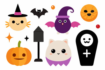 Wall Mural - Cute Halloween set. Funny pumpkin, kawaii ghost, bat, web, broom, coffin. October holiday design elements, stickers, cat in witch hat, skull. Isolated kids childish flat graphic vector illustrations