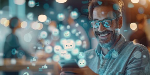 Individual interacting with a mobile app or digital interface in a café, showcasing modern technology and a relaxed atmosphere for a satisfied user