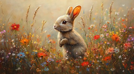 Poster -  A bunny rabbit in a field of wildflowers and daisies with a yellow sky as the backdrop