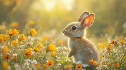 Sticker -   A white rabbit sits amidst yellow and white blooms under the radiant sun behind swaying trees