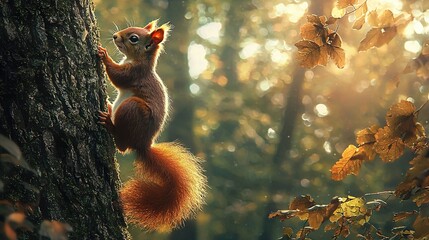 Sticker -   A squirrel ascending a tree trunk in a wooded area surrounded by fallen foliage, with sunlight filtering through the canopy above