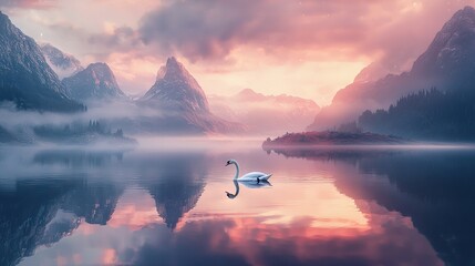 Poster -   A pristine swan glides serenely upon the tranquil waters beneath a cloudy sky and majestic mountains