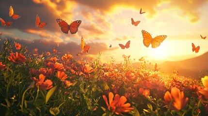 Poster -   A field brimming with vibrant orange blossoms, adorned by fluttering butterflies aloft, set against a serene sunset backdrop (42