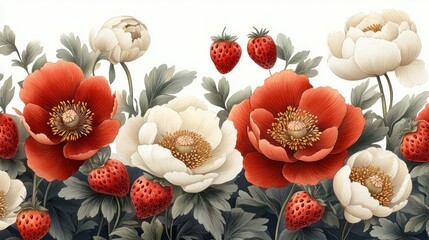 Canvas Print - A floral arrangement featuring red and white flowers with strawberries.