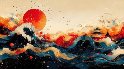 Wall Mural - Vibrant waves and a sunset with an oriental structure in the background.