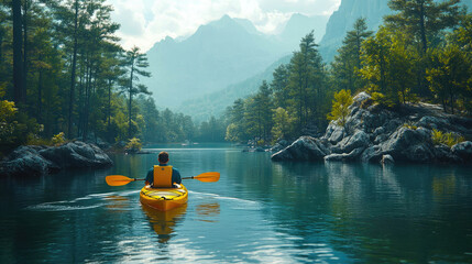 A man in a yellow kayak paddling in a crystal-clear mountain lake, surrounded by tall peaks and blue skies