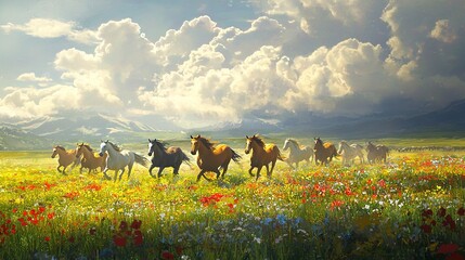 Poster -   Horses run wildflowers, paint mountain