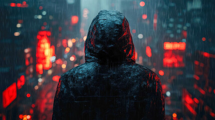 Aufkleber - A hooded man stands with his back to the viewer, observing a rainy cityscape illuminated by lights, creating a hacker or cybercriminal vibe
