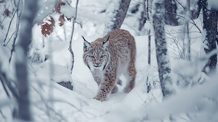 Sticker -   A lynx walks through snowy woods, with trees in the background and snow on the ground