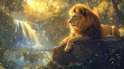 Wall Mural -   A lion on rock, waterfall in backdrop