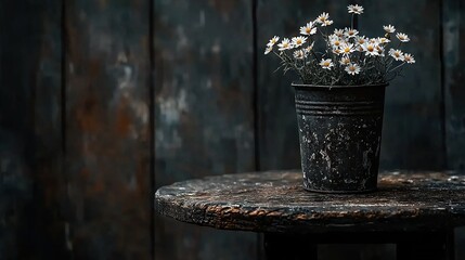 Poster -   A table with a wood paneled background sits in front of the room, containing a bucket of daisies