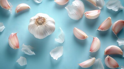 Canvas Print -   Close-up of blue garlic on surface, garlic dots scattered throughout