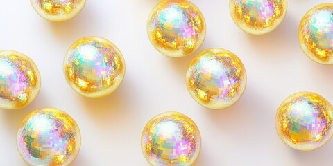 Yellow orange iridescent christmas balls on white background 