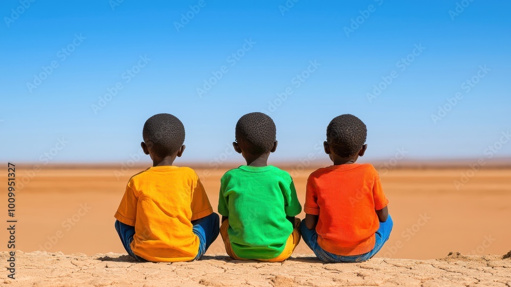 Desperate Hunger, Starving Children in Arid Landscape Depicting Global ...