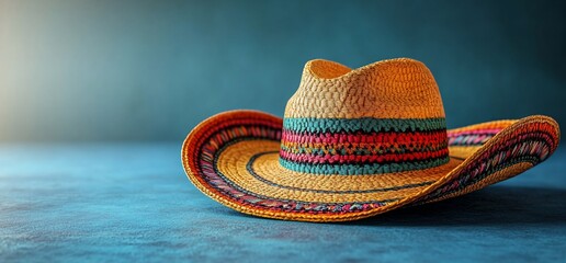 A colorful straw hat resting on a textured surface, symbolizing leisure and culture.