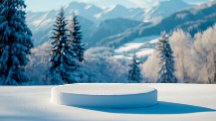 Round white podium, to place product or advertising. Winter landscape in the background