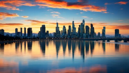 Wall Mural - Silhouetted figure amidst a vibrant city skyline at sunset, contemplating urban life and personal ambition