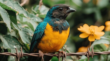 Poster -   A vibrant bird sat atop a spiky fence near a bush adorned with yellow blossoms