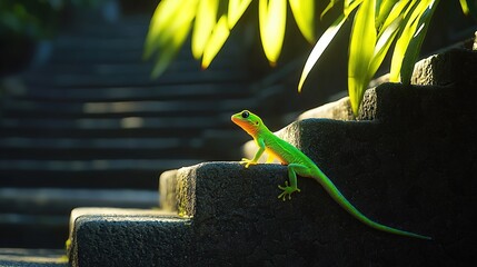 Sticker -  Green and orange lizard perched atop stone wall, surrounded by plant and staircase backdrop