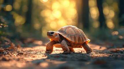 Sticker -   A tight shot of a little tortoise resting on soil, bathed in beams from tree canopies overhead