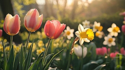 Poster -   A pink and yellow field of tulips and daffodils, bathed in sunshine