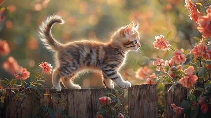 Canvas Print -   A small kitten perched atop a wooden fence amidst a field of pink flowers and a bouquet of vibrant blossoms