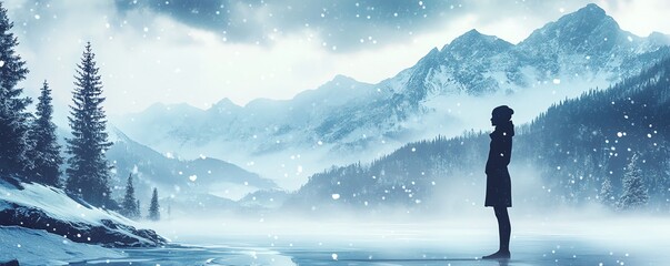 Concept image of winter depression silhouette of a sorrowful woman gazing at a snowy mountain landscape