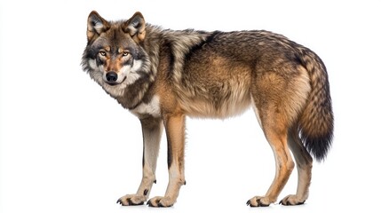  striking grey wolf stands alert, its ears perked up as it surveys its surroundings. The fine details of its fur are highlighted against the stark white backdrop, creating a captivating visual.