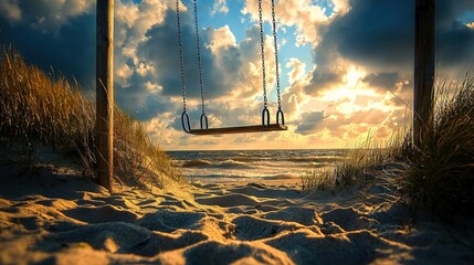 Sticker -   A swing perched on a sandy shore beside a tranquil body of water, framed by an overcast sky