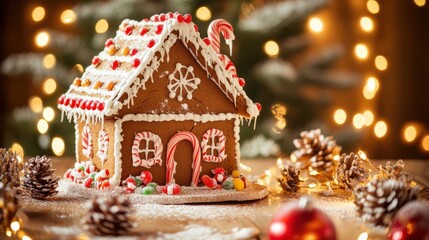 Wall Mural - This delightful gingerbread house, adorned with colorful icing and candy, sits atop a snowy base, illuminated by twinkling holiday lights and natural pinecones