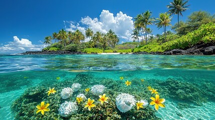 Poster -  Underwater image of a tropical island with colorful flowers in the foreground and a vibrant coral reef in the background