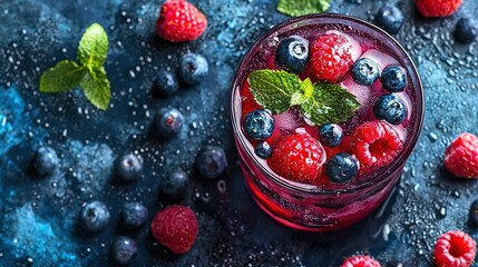 Sticker -  Raspberries, blueberries, and mint in a glass of ice water against a blue background, featuring fresh mint leaves