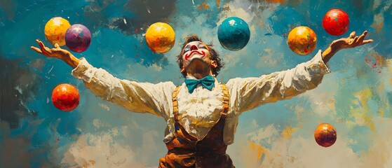 Skillful juggler with vibrant balls performing at a carnival, artistically depicted to enhance the visual appeal and excitement of the entertainment