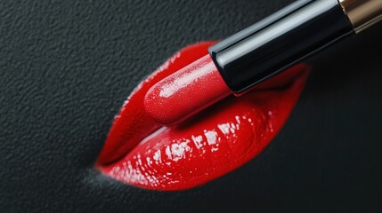 Poster -   Close-up photo of red lipstick on black background with gold lip ring on lip's tip