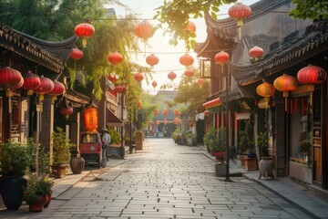 Canvas Print - Street old town in Chinese background city outdoors festival.