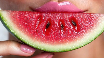 Sticker -   A person closely holding a watermelon slice with a missing bite