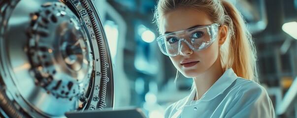 Poster - Female scientist in a scientific research facility, developing a new electric motor, using a tablet computer, industrial engineer working on advanced jet engine technology
