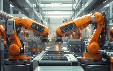 Aufkleber - Fully automated electronics factory with robotic arms working efficiently