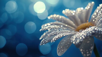 Wall Mural -   A macro image shows a pure white bloom with dewdrops on its petals, against a light blue hazy backdrop