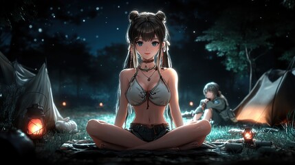 Canvas Print - Anime Girl Camping Under The Stars: A Tranquil Night In The Forest