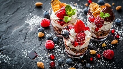 Sticker -   A few desserts sit atop a table, surrounded by glasses filled with berries and nuts