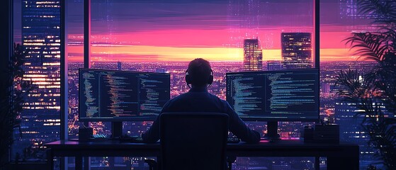 Leinwandbilder - Man working as a system administrator and machine learning engineer at his desk, programming and expanding network infrastructure for the enterprise in a modern office