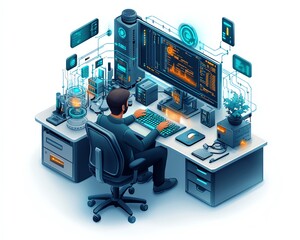 Aufkleber - Office setting with system administration and machine learning engineer working at a computer, planning and executing network structure expansion for the enterprise