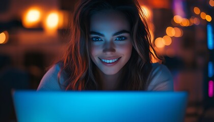 Fototapete - Portrait of a beautiful happy female using a laptop computer