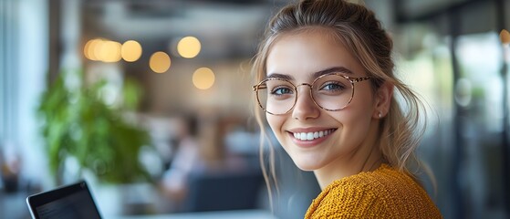Fototapete - Portrait of a beautiful happy female software engineer working on a laptop, looking around the office, problemsolving, smiling confidently, professional and skilled IT specialist