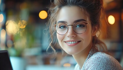 Fototapete - Portrait of a beautiful happy female using a laptop computer