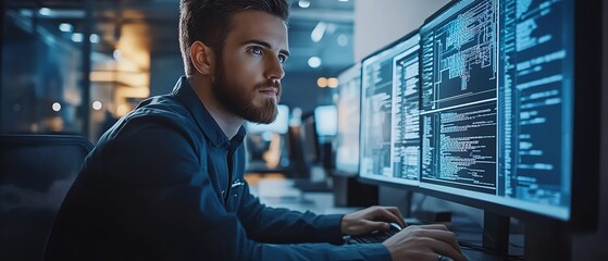 Aufkleber - System administration professional and machine learning engineer working at a workstation, designing and expanding enterprise network structure in a contemporary office