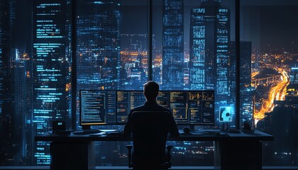 Aufkleber - System administrator and machine learning engineer programming, planning network expansion at his office workstation, enterprise network structure development