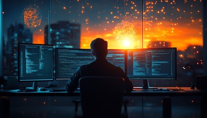 Aufkleber - System administrator and machine learning engineer programming, planning network expansion at his office workstation, enterprise network structure development