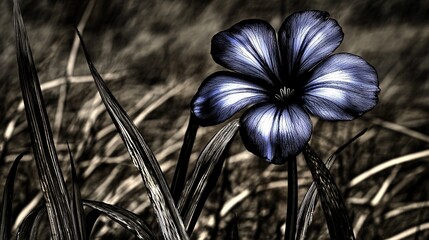 Poster -   A monochrome image of a blue blossom surrounded by green blades